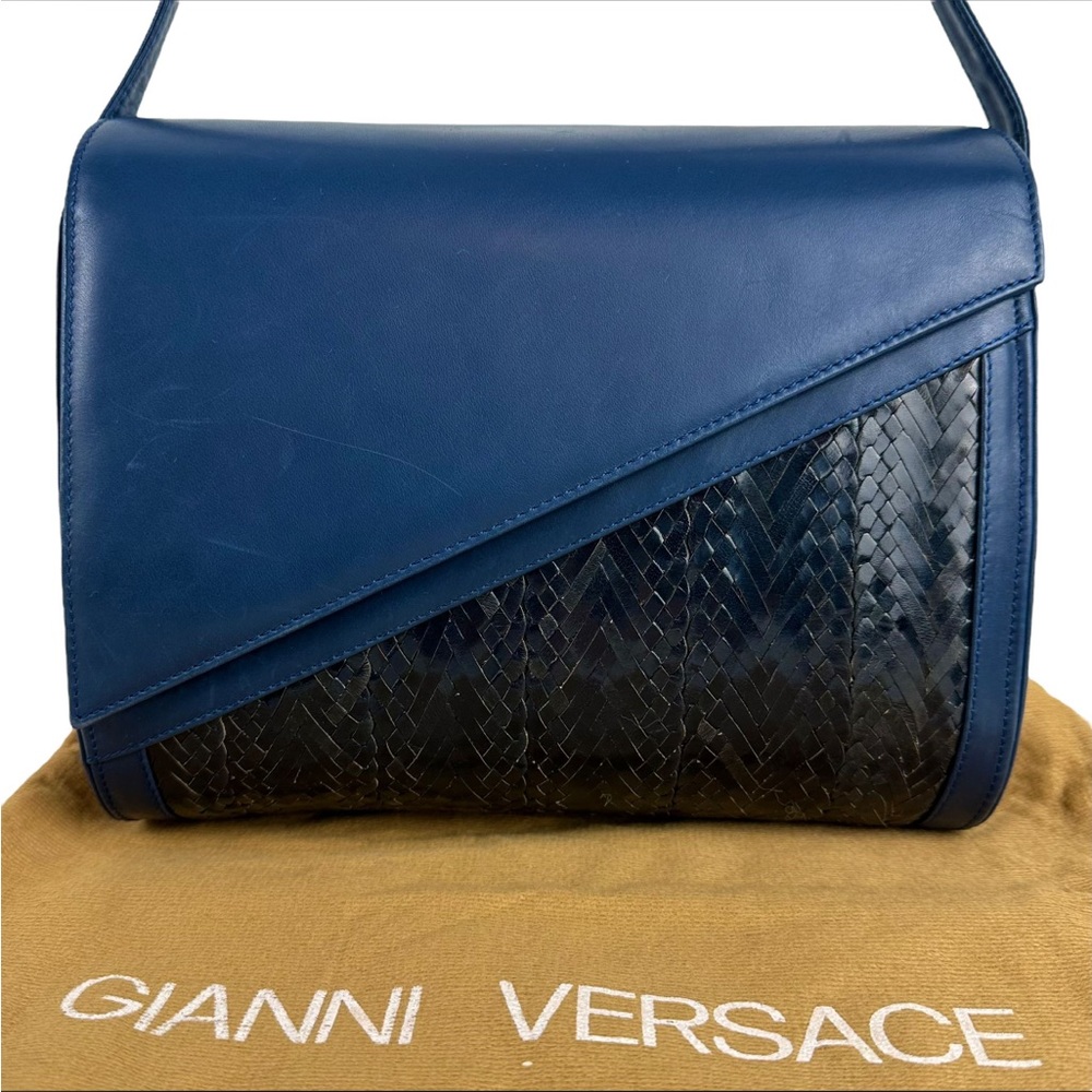 Versace Super Rare Vintage Leather & Woven Blue & Black Bag
